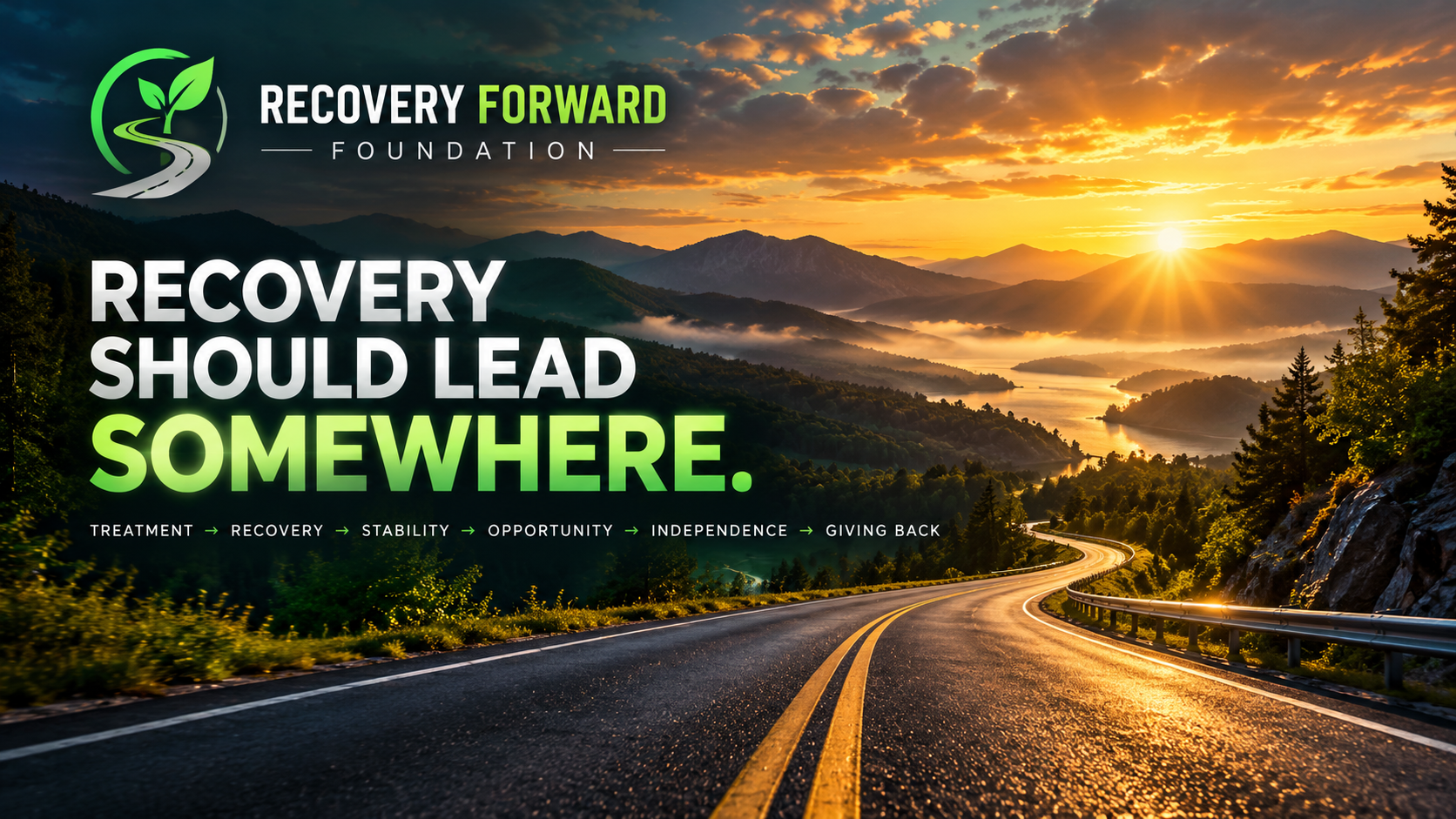 Sunrise over a winding road symbolizing hope and recovery